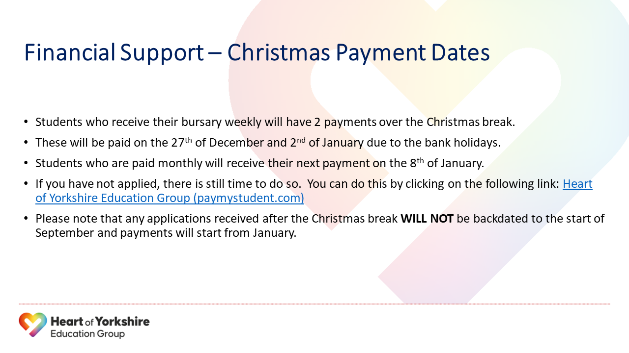 WM Bursary Payments Over Christmas